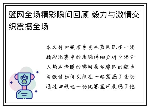 篮网全场精彩瞬间回顾 毅力与激情交织震撼全场