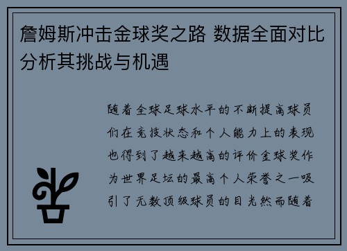 詹姆斯冲击金球奖之路 数据全面对比分析其挑战与机遇