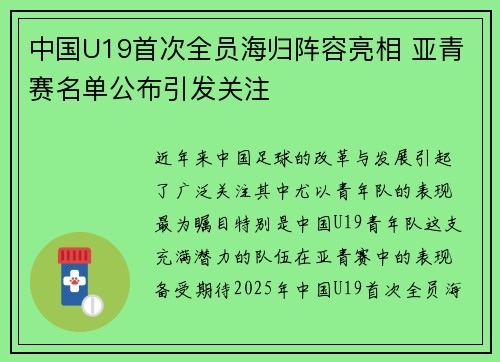 中国U19首次全员海归阵容亮相 亚青赛名单公布引发关注
