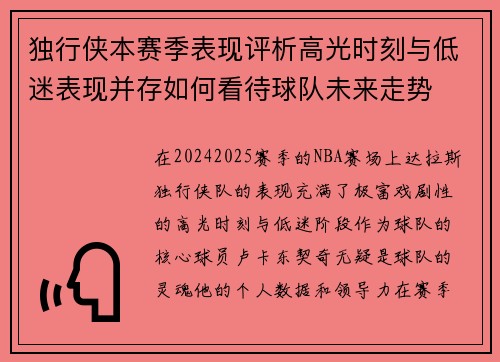 独行侠本赛季表现评析高光时刻与低迷表现并存如何看待球队未来走势